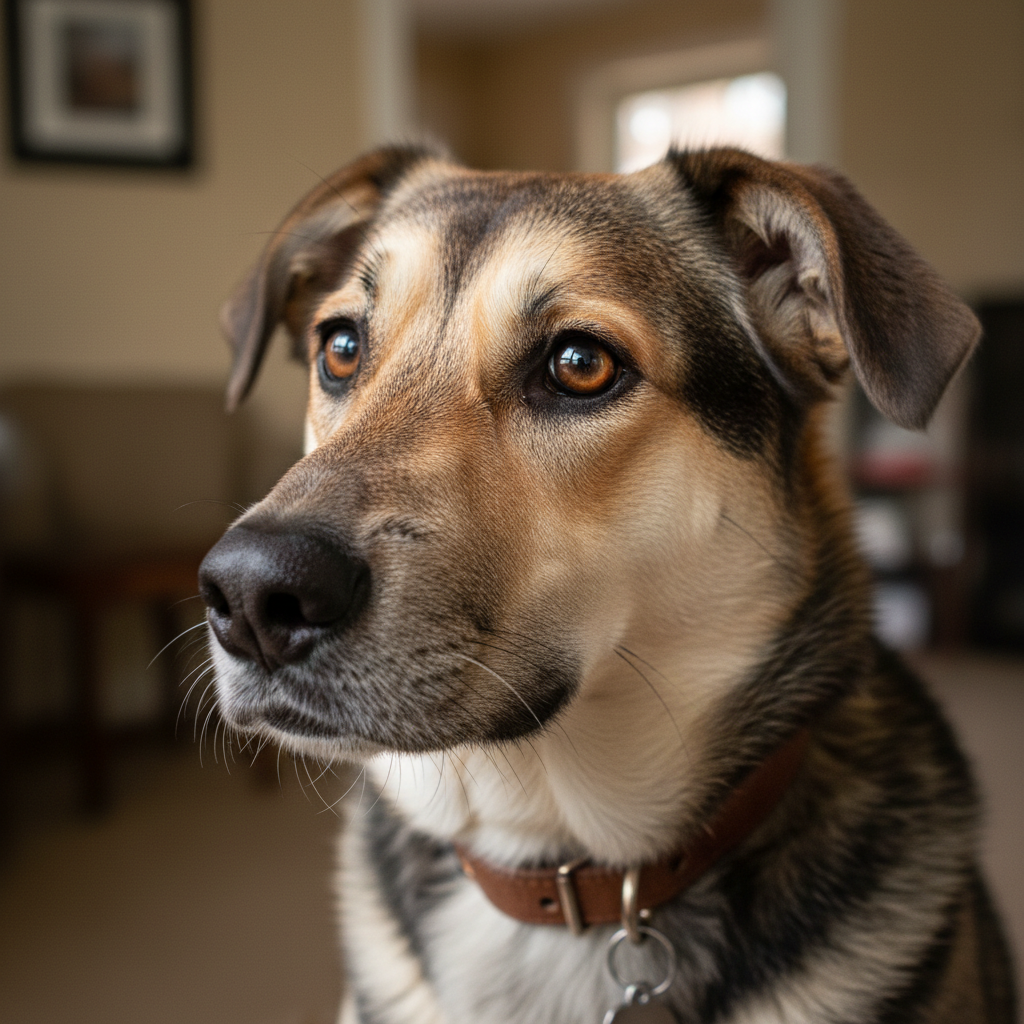 A close-up photographic portrait of a dog’s face, framed from the chest up, capturing subtle details of its expressive eyes, whiskers, and slightly tilted head. The dog has a medium-length, mixed-color coat with individual hairs clearly visible, and wears a simple, well-fitted collar with a small, tasteful tag. Behind the dog, a softly blurred interior with muted earth tones suggests a comfortable home environment without drawing focus. Soft studio-style lighting from one side creates gentle contrast, catching a highlight in each eye and defining the contours of the muzzle without harsh shadows. Shot in photographic realism at eye level, the composition follows the rule of thirds, with the dog’s eyes as the focal point. The mood is intimate, thoughtful, and professional, emphasizing emotional connection and attentive listening.