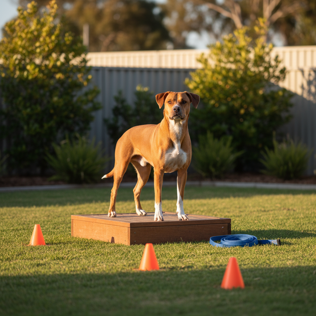 A thoughtfully designed backyard training area with a medium-sized dog standing confidently on a stable wooden platform, tail relaxed and head slightly raised as if listening. The dog’s coat is short and glossy, a mix of warm brown and white, muscles subtly defined under natural light. Around the platform, the grass is neatly trimmed and bordered by low native shrubs, with a few clearly spaced training cones and a folded long line resting nearby. The late-afternoon golden hour sun casts warm, directional light, creating soft, elongated shadows and a gentle glow along the dog’s outline. Photographic realism with a slightly low angle and moderate depth of field keeps the dog and platform crisp while the foliage softens in the background. The mood is confident, optimistic, and grounded in real-life environments.