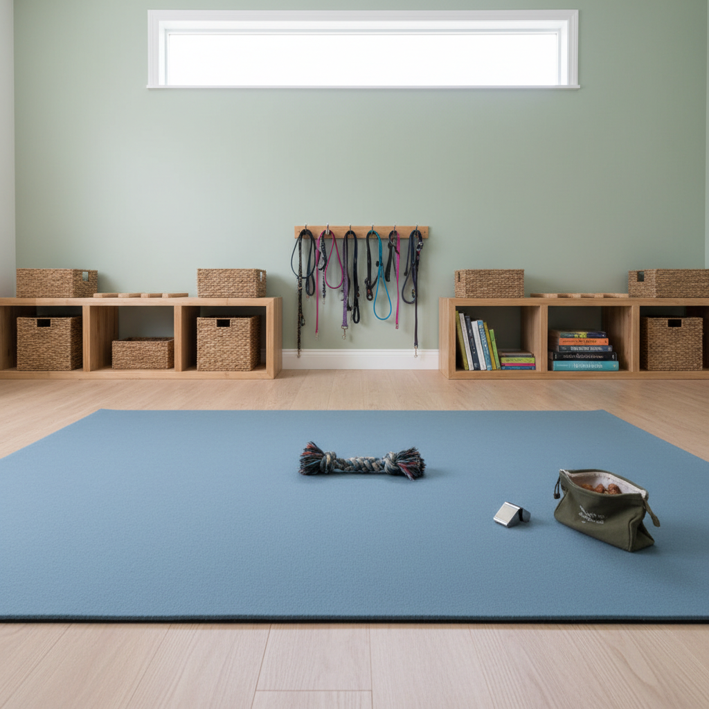 A tidy training space featuring a padded, non-slip mat in muted blue, with a single well-worn tug toy placed neatly at its center and a stainless-steel clicker and treat pouch arranged nearby. Along the back wall, low wooden shelves hold organized storage bins, leashes, and neatly stacked training books labeled with behavior topics. The room’s walls are soft white with one accent wall in a calming sage green. Diffused daylight streams in through a high window, creating even, shadow-soft lighting that feels open and inviting. Photographic realism, captured from a slightly elevated angle with sharp focus throughout, emphasizing order and clarity. The atmosphere is professional, structured, and encouraging, representing a clear, supportive environment for behavior change and learning.