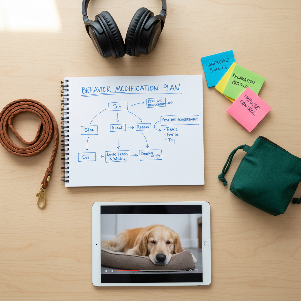 An overhead photographic view of a carefully arranged dog behavior planning workspace on a smooth, light-wood table. At the center lies an open notebook displaying a hand-drawn behavior chart with arrows and neatly written cues and rewards. Beside it, color-coded sticky notes label common behavior goals, while a slim tablet shows a paused video frame of a dog in a relaxed posture. A flat, braided leash, a closed treat pouch, and a pair of noise-cancelling headphones are placed with intentional spacing around the notebook. Soft, diffused daylight from an unseen window illuminates the scene evenly, avoiding harsh reflections and creating a calm, organized atmosphere. The composition is balanced and minimalist, with sharp focus across the frame. The mood is thoughtful, strategic, and professional, emphasizing planning and structure behind effective behavior change.