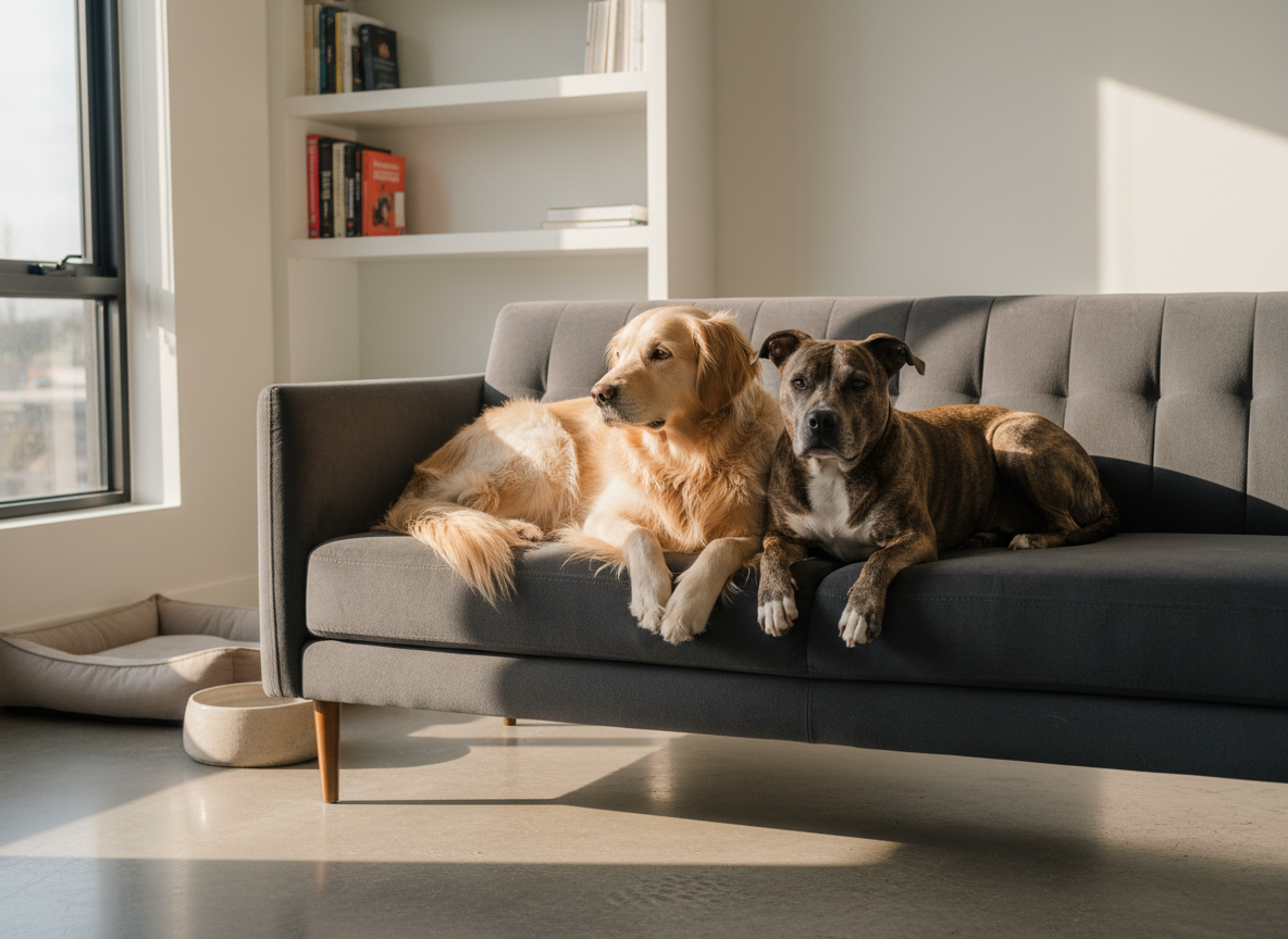 Two dogs of different sizes and coat types resting side by side on a plush, charcoal-gray sofa, their bodies angled slightly toward each other in a relaxed, mirrored posture. One is a fluffy, cream-colored dog with expressive eyes, the other a smooth-coated, brindle dog with a calm, steady gaze. Behind them, a tidy, modern living room features a low bookshelf with training manuals and a minimalist dog bed on the floor. Late-afternoon natural light streams in from a large window, casting warm, even illumination and soft-edged shadows. Photographic realism with a wide, eye-level composition and moderate depth of field keeps both dogs sharp while subtly blurring the background. The atmosphere feels balanced, harmonious, and quietly confident, visually expressing the idea of “both sides of the leash” working together.